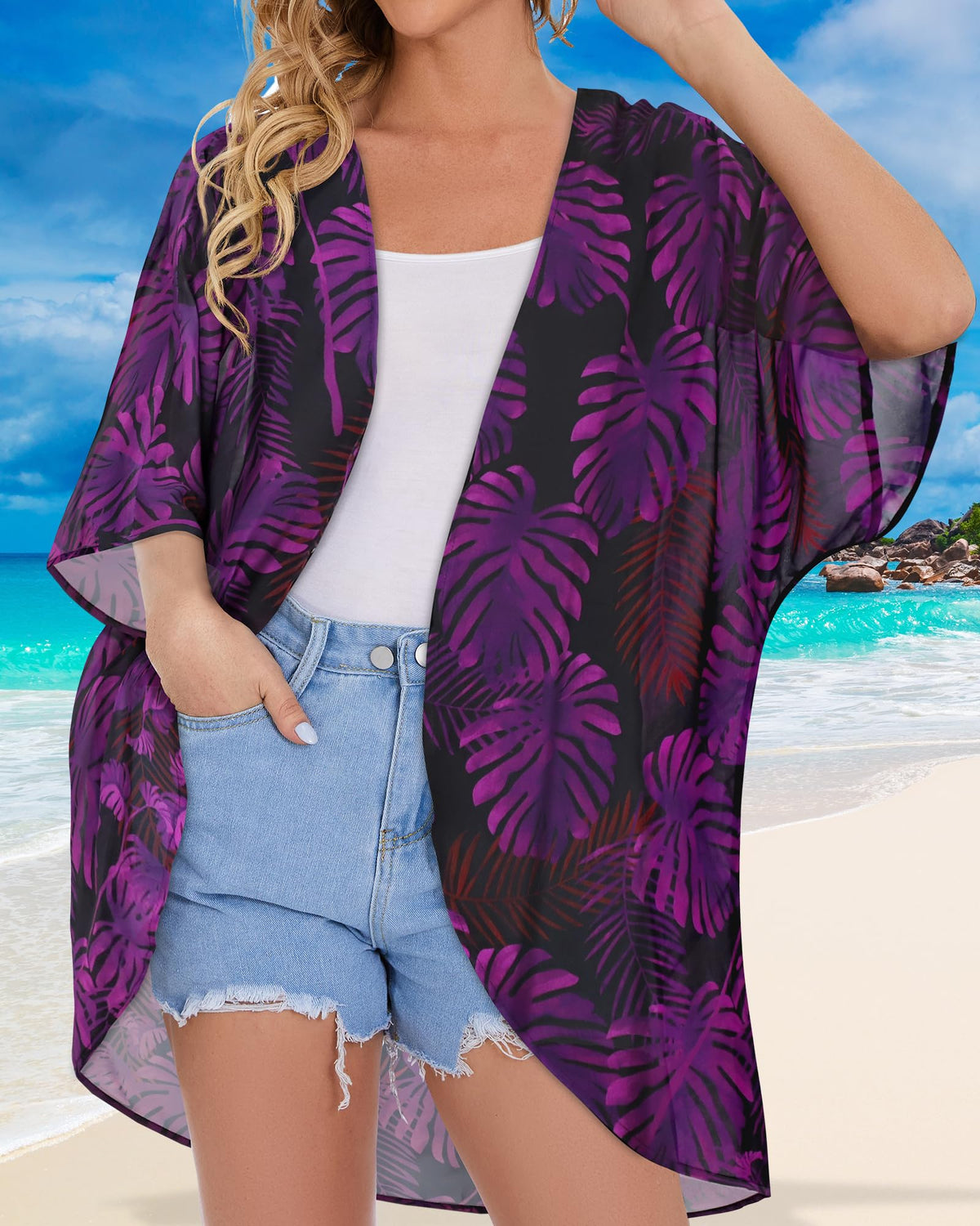 Women's Floral Kimono Print Puff Sleeve Loose Cardigan Cover Up Casual Blouse Tops (Black Purple Leaves, M)