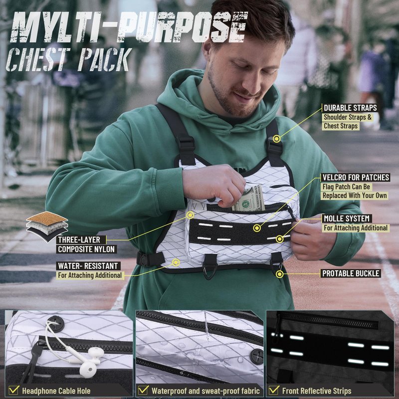 RXW Outdoor Sport Chest Rig for Men Women, Running Vest Bag with Pack Holster, Chest Pack Built in Phone Holder for Cycling, Camping,Travel, Hiking, Workouts, EDC（White）