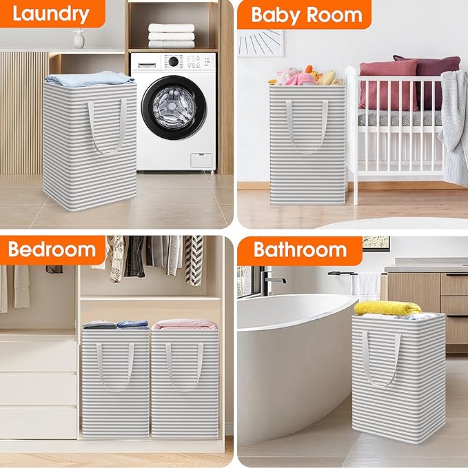 3 Pack Large Laundry Basket,Waterproof & Freestanding Laundry Hamper,Collapsible Clothes Hampers with Easy Carry Long & Reinforced Handles in Bathroom,College Dorm(125Lx3,Gray)
