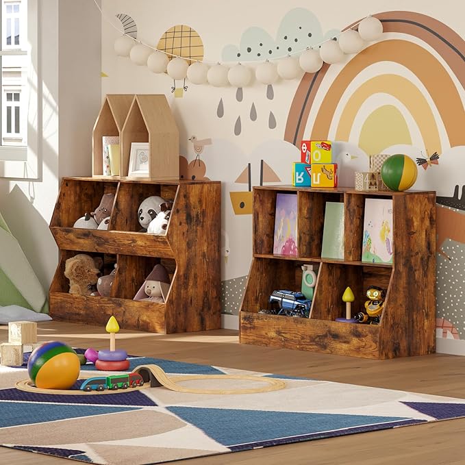 DINZI LVJ Kids Bookshelf, Toy Storage Organizer, Wooden Toy Storage Cabinet, 4 Cubby Children Bookcase, 35.4" L Toddler Book Shelf for Bedroom, Nursery, Hallway, School, Rustic Brown