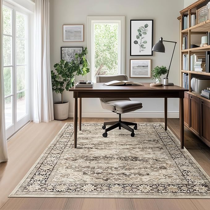 Gray Brown 5x7 Area Rugs for Living Room Washable Low Pile Soft Faux Fur Vintage Boho Carpet Rug Non Slip Sound Absorbing Geometric Floral Rug for Bedroom Office Patio Dining Room Kids Room,Hazel