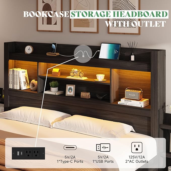 AMERLIFE Queen Bed Frame with 4 Storage Drawers, LED Bed Frame with 49.6" Tall Bookcase Headboard, Wood Platform Bed with Charging Station & 2 Slide Bedside Shelf, No Box Spring Needed/Black