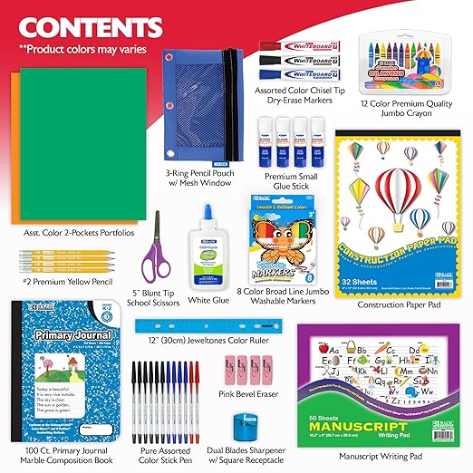 BAZIC PRODUCTS Primary School Supply Kit, 57-count Student Set for Kindergarten and Elementary Students Grades K–6, Complete School Supplies With Fully Organized Supply Box, 1-pack