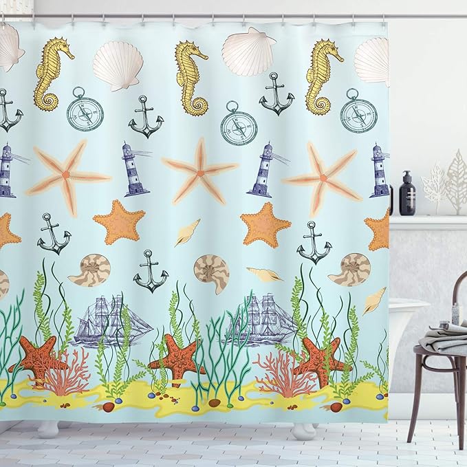 Ambesonne Seahorse Shower Curtain Sea Creatures Lighthouse Nautical Anchor Sail Boats Ocean the Coastal Seaside Seashore Marine Home Underwater Decor Bathroom Yellow Khaki Green Baby Blue 69" W/70 L