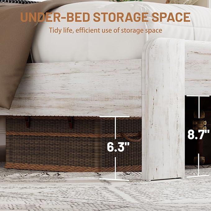 King Size Bed Frame with Wooden Headboard and Footboard, Rustic Platform Bedframe with Wood Slat Support, No Box Spring Needed, Under Bed Storage, Easy Assembly, White