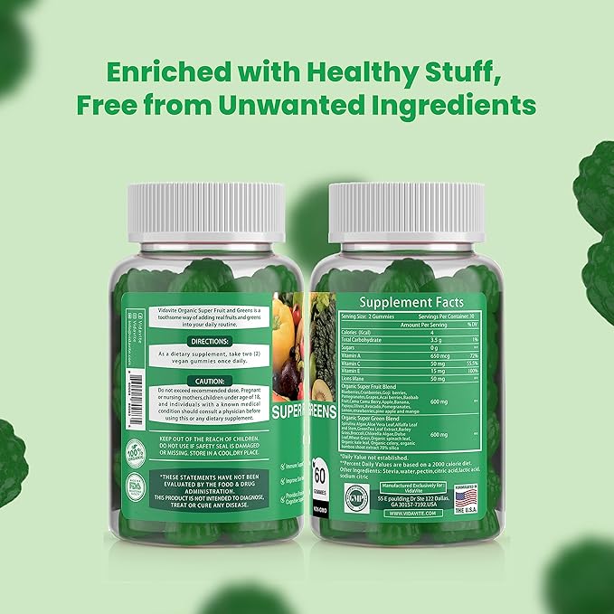 Sugar-Free Fruit and Veggie Gummies — 35+ Greens, Fruit and Vegetable Vitamins to Boost Immunity, Skin & Gut Health — Ideal Fruit and Vegetable Supplement for Adults & Kids (60 Gummies)
