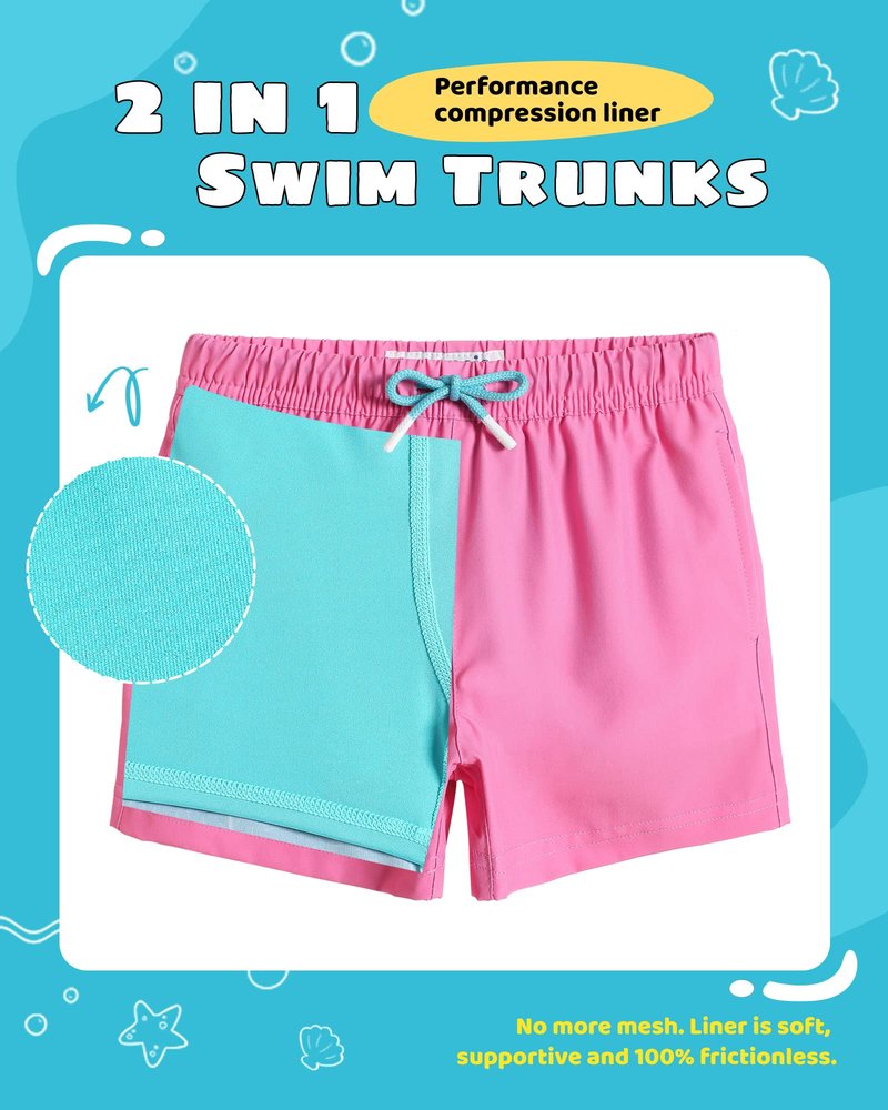 maamgic Boys Swim Trunks with Compression Liner Toddler Stretch Swim Shorts Quick Dry Swimming Trunks Boxer Brief 2 in 1 Beach Shorts Pink Lake Blue 14/16