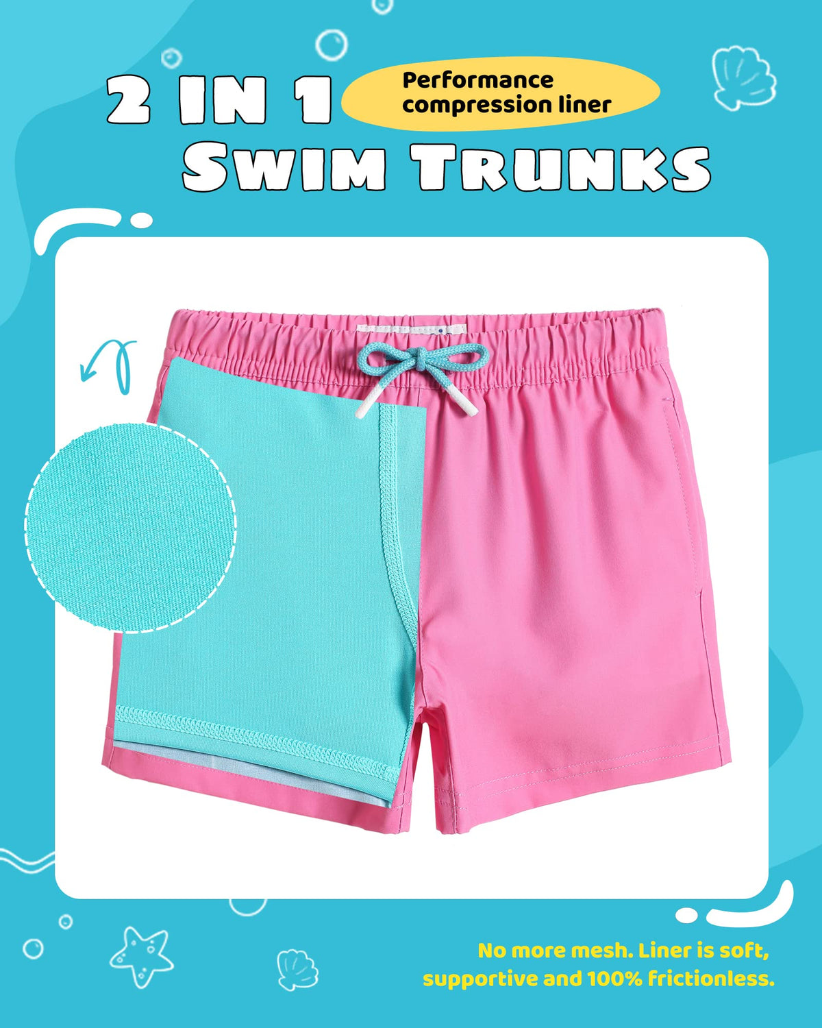 maamgic Boys Swim Trunks with Compression Liner Toddler Stretch Swim Shorts Quick Dry Swimming Trunks Boxer Brief 2 in 1 Beach Shorts Pink Lake Blue 7