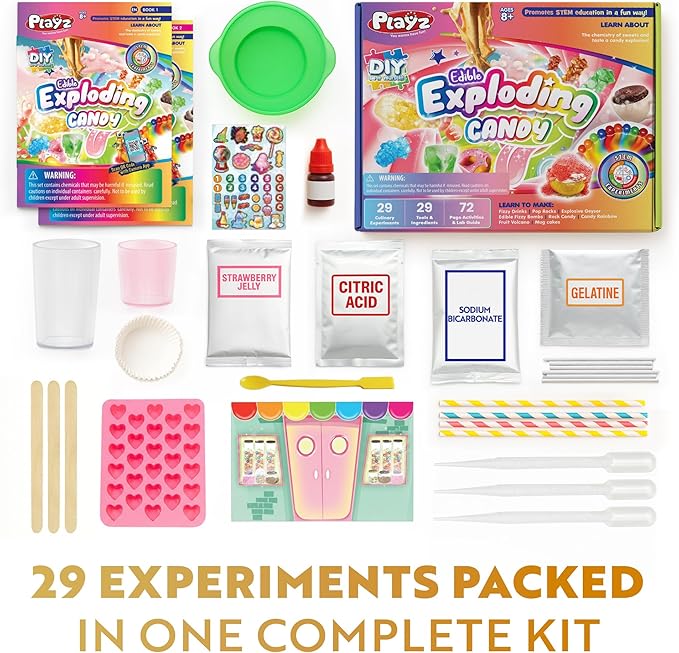 Playz Edible Exploding Candy Making Science Kit for Kids Ages 8-12 Years Old - Food Science Chemistry Kid Science Kit with 29 Experiments, Educational Science Kits for Boy & Girls