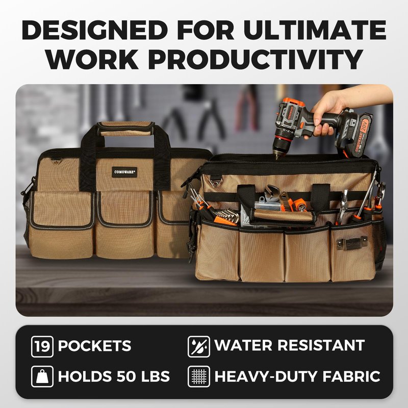 COMOWARE 16" Tool Bag, 19-Pocket Heavy Duty Tool Organizer with Adjustable 51.2" Shoulder Strap, 1680D Oxford Fabric & PVC Coating, Reflective Strips, Tactical Loops, Mechanics, Plumbers, DIY