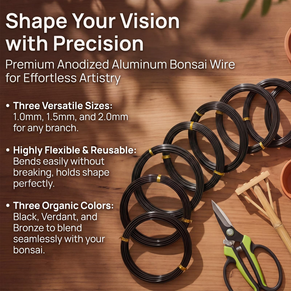 Zhanmai 9 Rolls Bonsai Wires Anodized Aluminum Bonsai Training Wire with 3 Sizes (1.0 mm, 1.5 mm, 2.0 mm), Total 147 Feet (Black)
