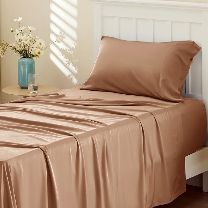 Bedsure Cooling Sheets Twin XL, Rayon Derived from Bamboo, Breathable & Soft Twin XL Sheet Sets, Deep Pocket Up to 16 Inches, Hotel Luxury Silky Dorm Bedding for Hot Sleepers, Khaki
