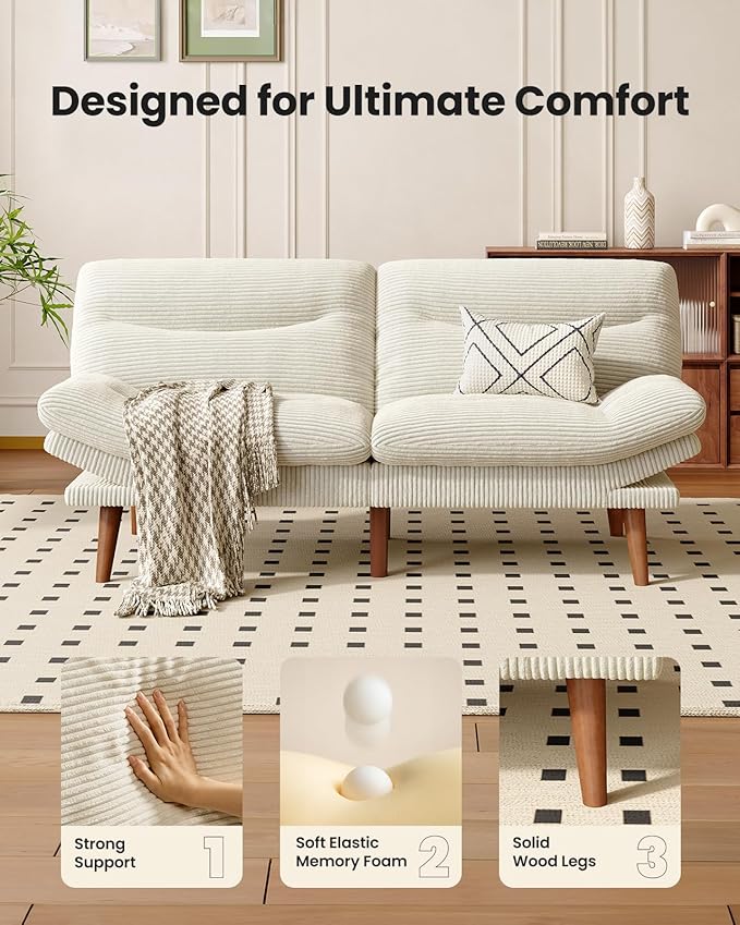 AMADA 66"Convertible Futon Sofa Bed, Corduroy Folding Futon Set with Adjustable Backrest &Armrests, Recliner Lounge for Living Room, Apartment or Office, Solid Wood Frame, Loveseat Sofa - Beige White