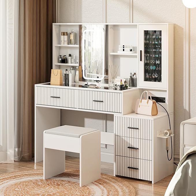 Large White Vanity Desk with Mirror and Lights，Vanity Table Makeup Vanity 5 Drawers with Power Strip Charging Station，Cushioned Stool for Bedroom, Dressing Room (White)
