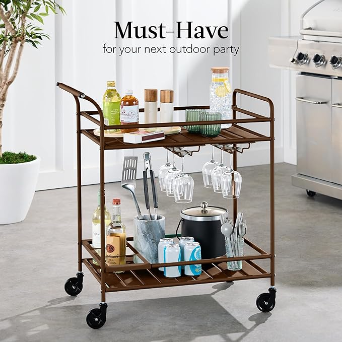 Best Choice Products Rolling Bar Cart, Mobile Home Bar Serving Cart, Serving Station w/ 2 Tier Shelves, Wine Rack, Lockable Wheels - Brown
