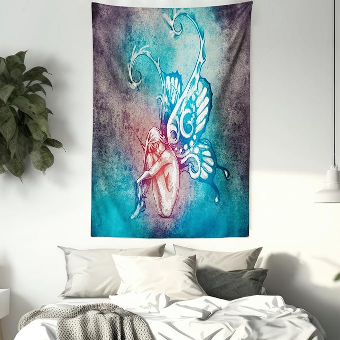 Ambesonne Butterfly Tapestry, with Butterfly Wings Renewal Female Rebirth Psyche Lightness of Being, Fabric Wall Hanging Decor for Bedroom Living Room Dorm, 23" X 28", Blue Purple