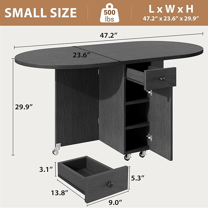 Folding Dining Table for 4 Kitchen Dining Room DinnerTable with Storage Drawer Space Saving Oval Foldable Drop Leaf Gateleg Furniture for Small Space (Black, 47 * 23.6 * 30)