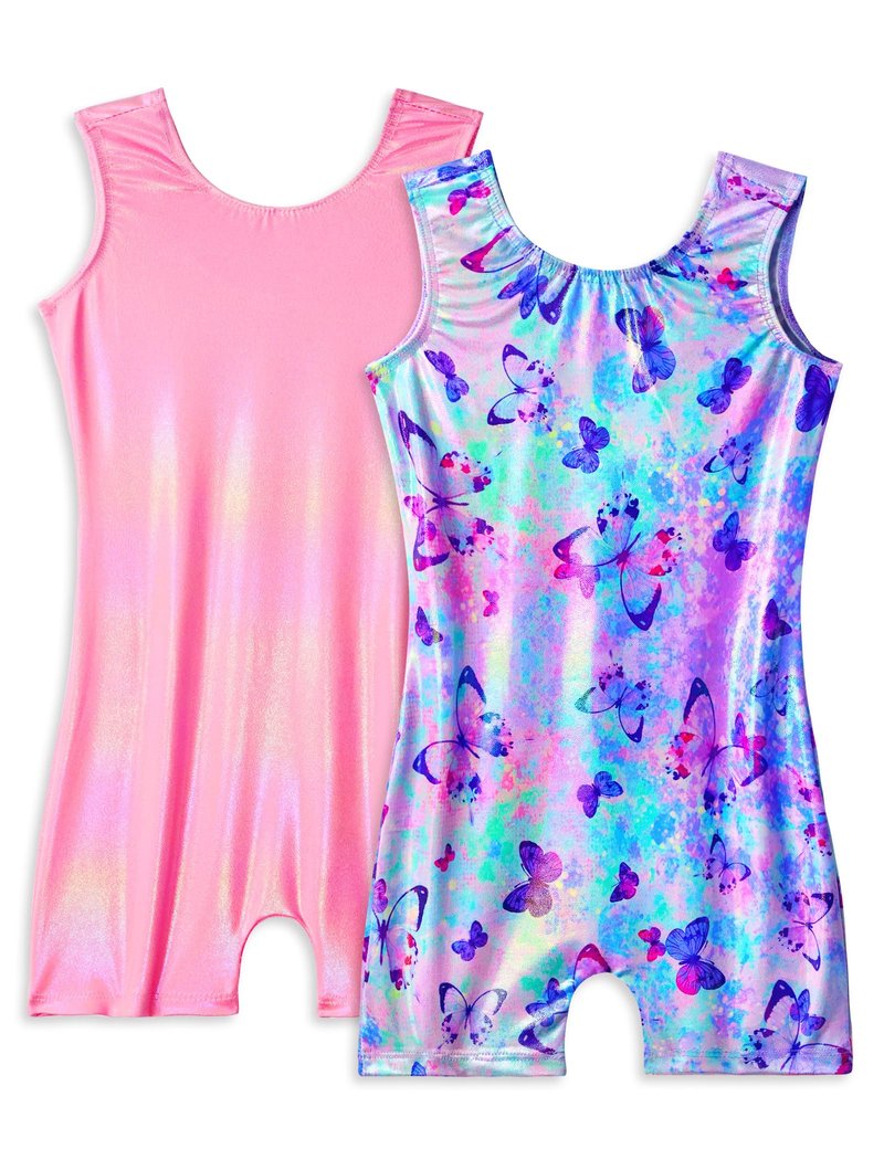 Snowheart Gymnastics Leotards for Girls Size 3t 4t 2 Pack Sparkle Purple Blue Butterfly Solid Pink Sleeveless Biketards