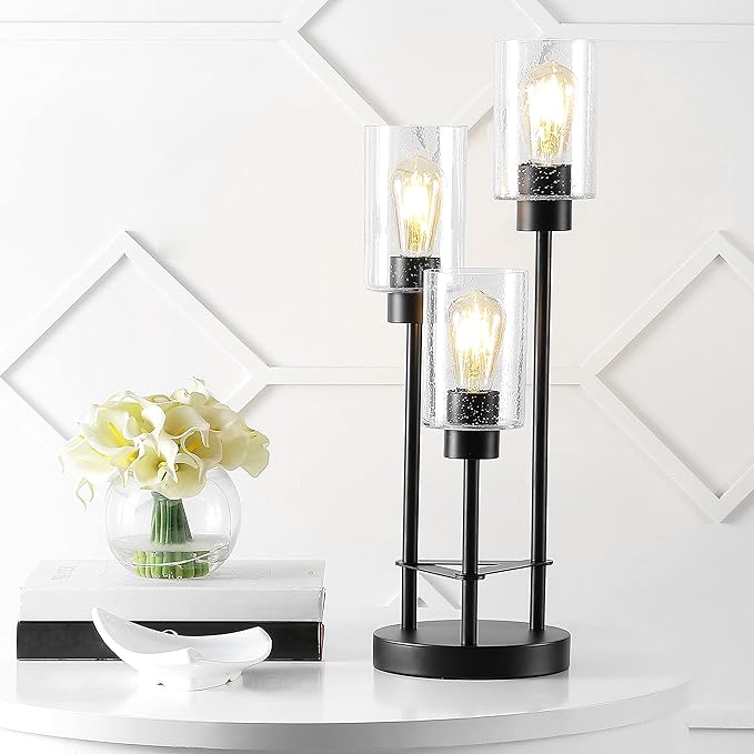 JONATHAN Y 20.5" Black 3-Light Modern Industrial Iron Table Lamp, Farmhouse Bedside Lamp with Seeded Glass Shades for Bedroom, Living Room, UL Listed, LED Bulbs Included JYL3084A