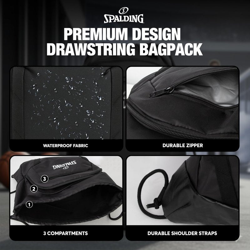 Spalding Drawstring Backpack Sports Bag, Black Waterproof Gym Bag Cinch Sack with Separate Shoe and Ball Holder, for Travel, Basketball, Sports, 4 Pack