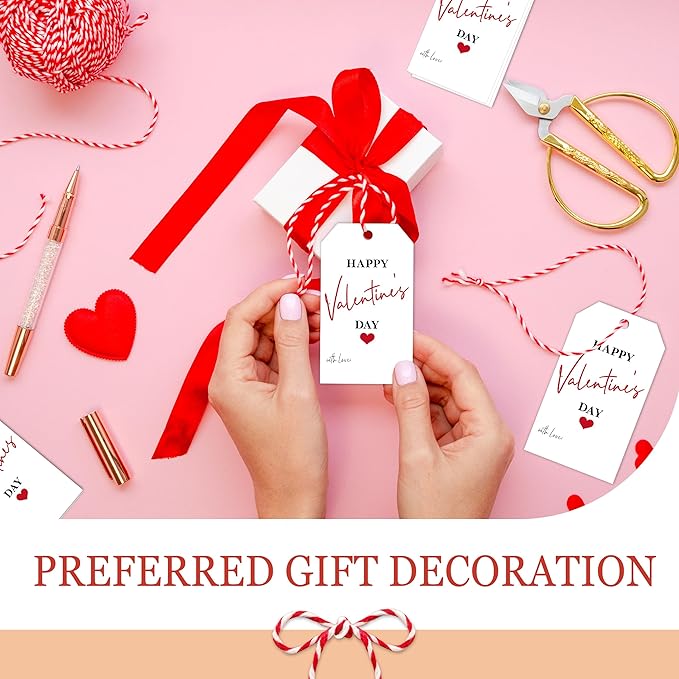 50Pcs Happy Valentines Tags for Bags - 3.5 x 2.1 in Valentine Gift Tags with String, Hanging Paper Gift Label for Wrapping Treat Bag, Idea Valentines Activity School Classroom Party Favors