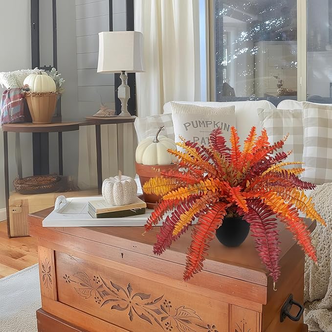 Hollyone Fake Boston Fern in Pot Fall Faux Fern Medium Potted Plant Medium Autumn Decor Plants Outdoor Indoor Autumn Boston Ferns Artificial Plants for Patio Garden Farmhouse Fall Decorations for Home