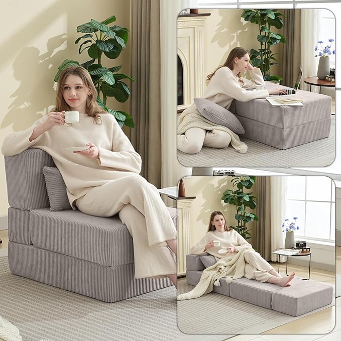 Folding Sofa Bed,Convertible Fold Out Couch,Portable Foldable Floor Mattress Sleeper Chair with Pillow,Adjustable Backrest Support,Lazy Sofa for Living Room,Single,Light Grey