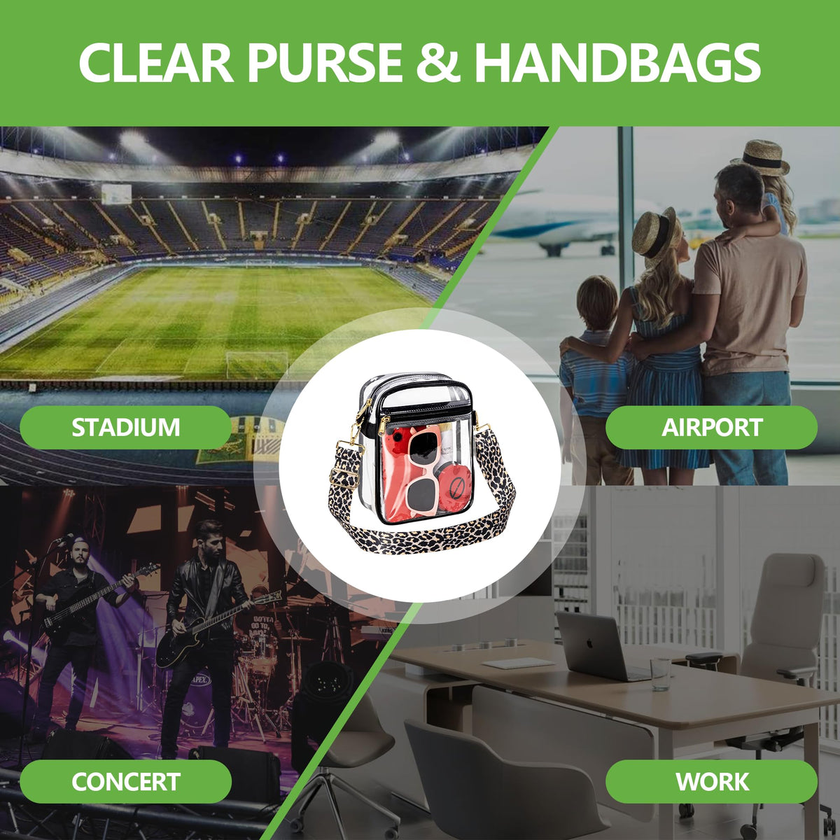 MAY TREE Clear Bag for Stadium Events Clear Purse for Work Concert Sport Events, Leopard Strap
