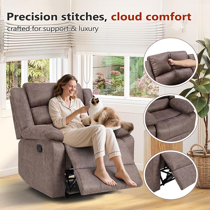 ANJ Recliner Chair, Overstuffed Manual Living Room Reclining Chair in Breathable Faux Leather