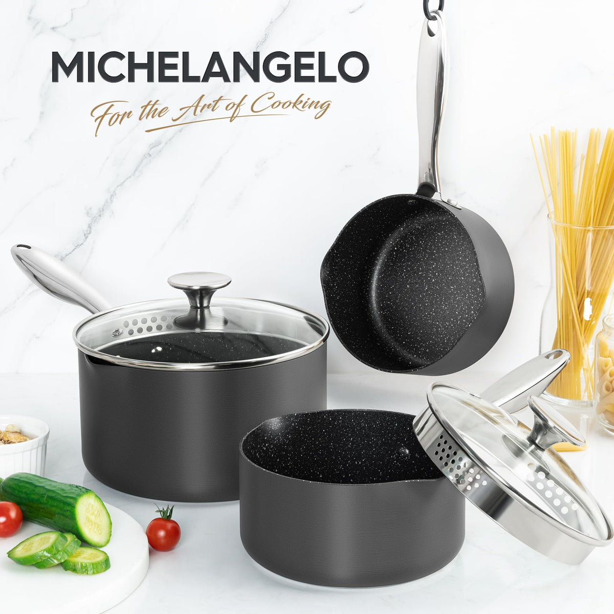 MICHELANGELO Hard Anodized Saucepan Set with Lids, Nonstick Saucepan with Pour Spouts & Strainer Lid for Easy Pour, Granite Derived Coating Sauce Pot Set - 1.5QT & 2QT &3QT Induction Sauce Pans