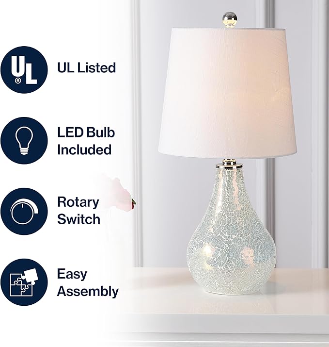 JONATHAN Y 20.5" Mosaic White Coastal Mini LED Table Lamp for Living Room Office, White Linen Drum Shade, Modern Mother of Pearl Bedside Nightstand Lamp, LED Bulb Included (JYL1024B)