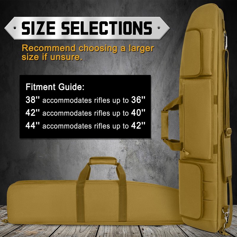 DULCE DOM Double Rifle Case, 38 42 44 inch Soft Gun Tactical Bag for Shooting Range, Movable Divider for 1 or 2 Gears, Multiple Magazine Pouches & Accessory Bags (Khaki, 42'')