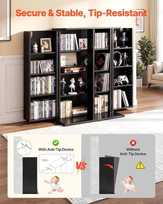 VEVOR Media Storage Cabinet, 4-Tier DVD Shelf Organizer, 24.02 x 14.49 x 33.31 in Multimedia Storage Organizer for CDs, DVDs, Books, Games, CD Shelf for Living Room, Home Office, Recording Room, Black