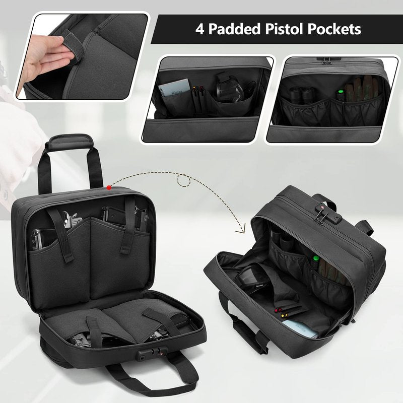 GOBUROS Tactical Gun Range Bag for 4 Handguns and Ammo, Pistol Duffle Bag with TSA Lock and 14x Magazine Slots for Hunting Shooting Range Sport