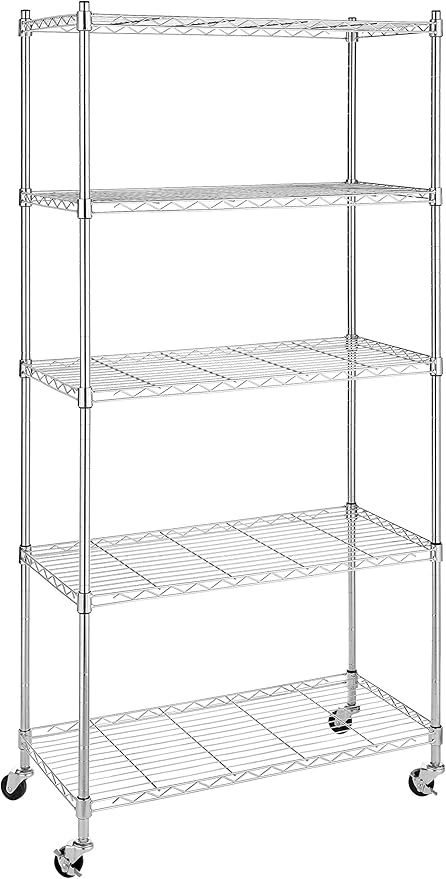 Whitmor 5 Tier Shelving Unit, Adjustable Storage Shelves with Wheels, 400 lbs Capacity per Shelf, Max 2000 lbs Total for Pantry, Kitchen, Garage, 30" L x 14" W x 60" H, Chrome