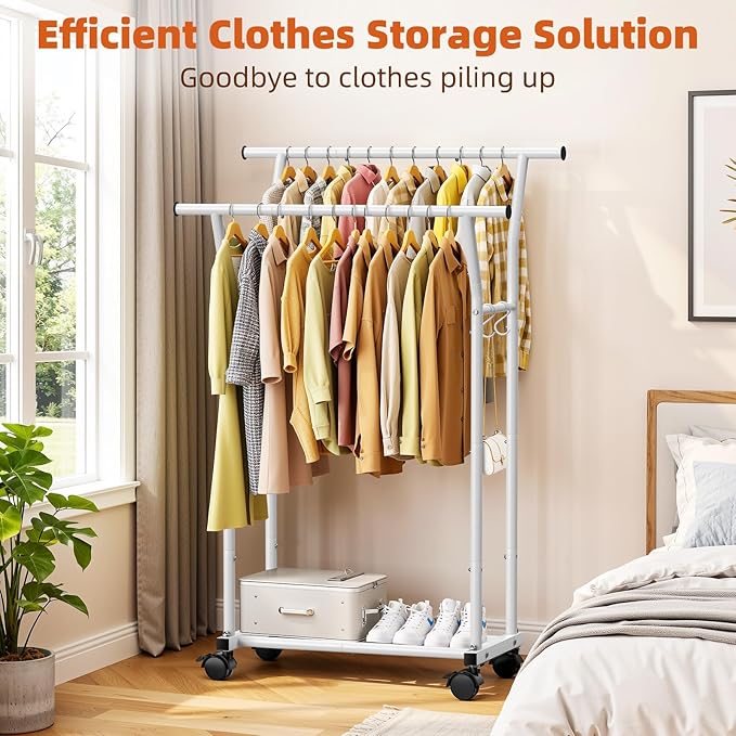 Luxspire Double Rods Clothes Rack for Hanging Clothes, Rolling Clothing Rack with Side Hooks, Bottom Shelves, 360° Wheels, Garment Racks for Bedroom, Laundry, Living Room, White
