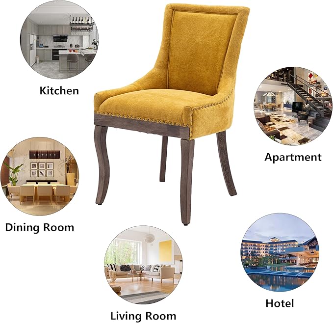 Farmhouse Dining Chairs Set of 4, Upholstered Fabric Dining Room Accent Chairs with Wood Legs & Bronze Nailhead, High Wingback Kitchen Chairs for Living Room Hotel Apartment, Golden Yellow
