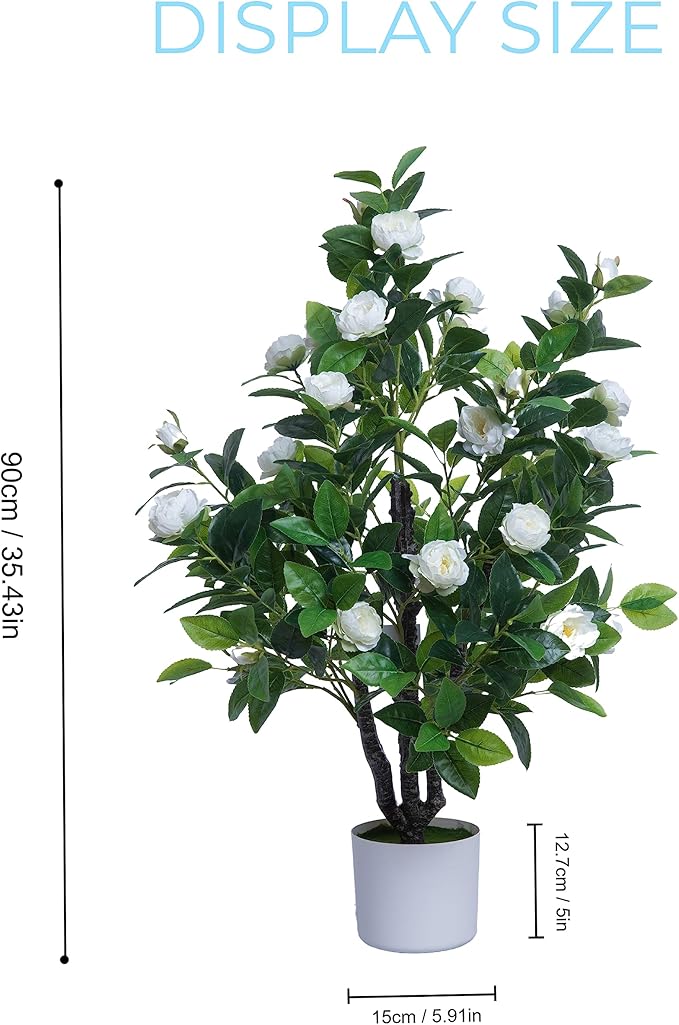 Artificial Camellia Tree 35in Faux Floral Plant with White Flowers and Green Leaves - No Maintenance Indoor Outdoor Office Home Porch Decor Housewarming Gift(2Pack，White)