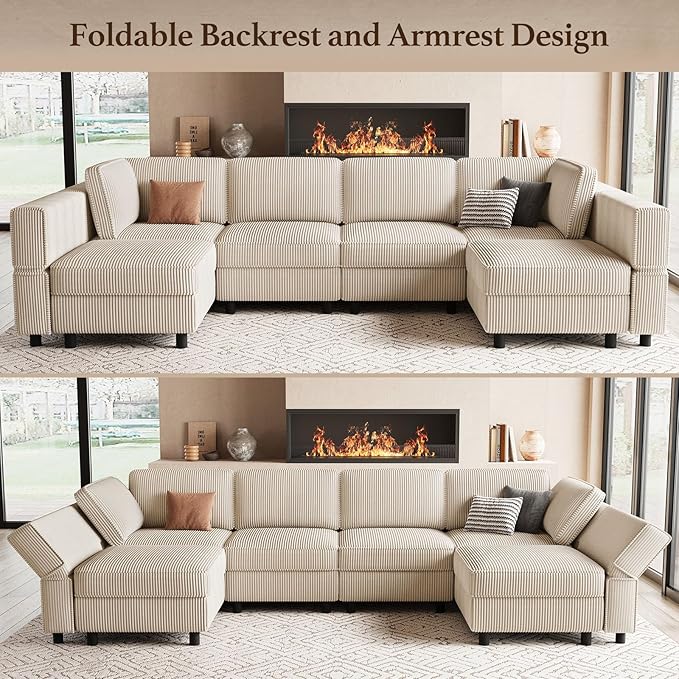 114.2" U Shaped Sectional Sofa,6 Seat Corduroy Couch,Comfy Modular Sectional Sofa with Storage Movable Ottoman Chaise,Upholstered Sectional Couches for Living Room,Beige