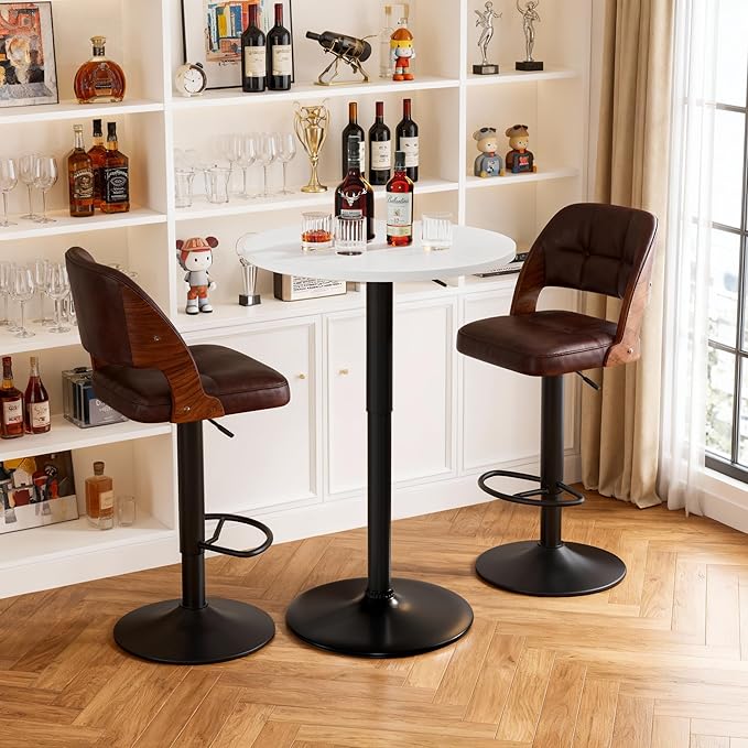 Shahoo Round Bar Table, Adjustable Height and 360° Swivel Bistro Pub Table, Cooktail Table for Bar, Bistro, Dining Room, White