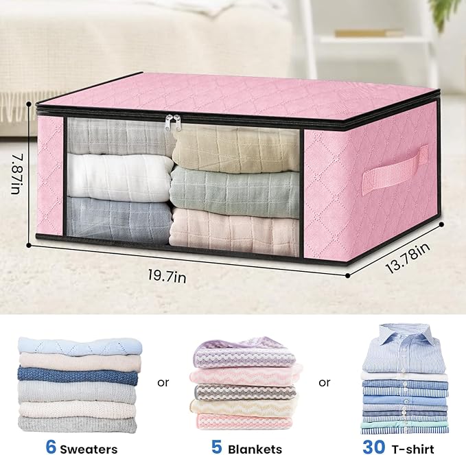 HomeHacks Storage 10-Pack Clothes Organizer Storage Bags Foldable Storage Box with Large Clear Window Sturdy Handles for Closet, Dorm, Pillows, Bedding, Clothes, Blankets, 35L, Pink