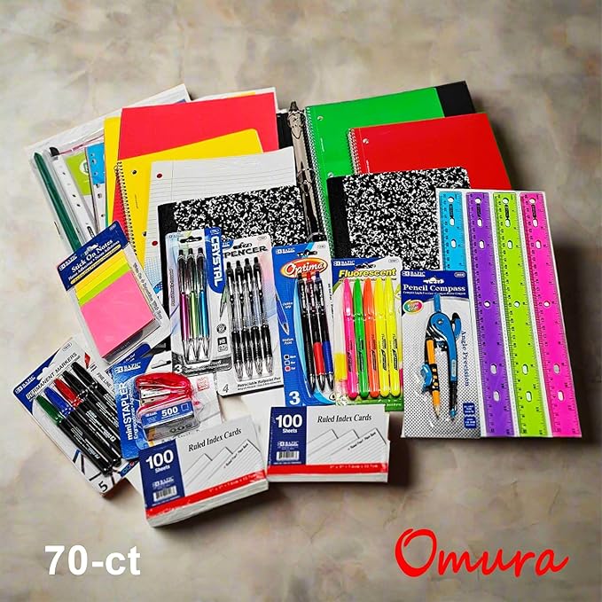 OMURA Learning | Primary Back-to-School Supply Box for All-in-One Student Essentials Set | Composition Book Ruler | Ideal School Supplies Gift | 70 Count (Middle/High School | Pallet)