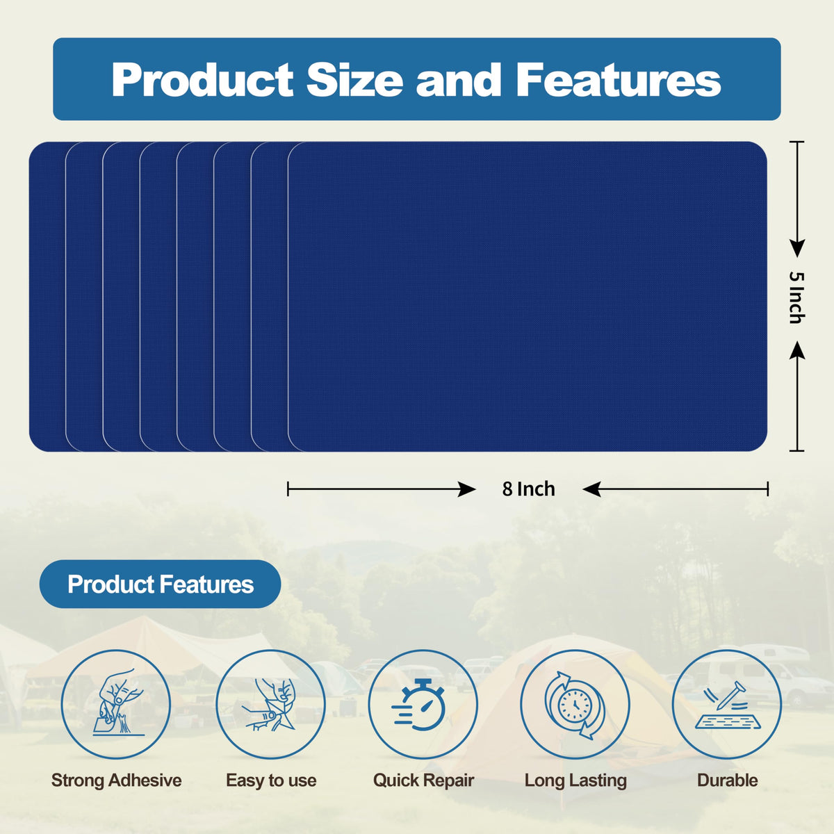 KING MOUNTAIN Self Adhesive Nylon Fabric Repair Patch, 5×8 Inches 8 Pcs, Quick Down Jacket Repair Patch, Waterproof Outdoor Gear Patch Kit for Tent,Backpacks,Umbrella, Gloves, Sleeping Bag (Dark Blue)