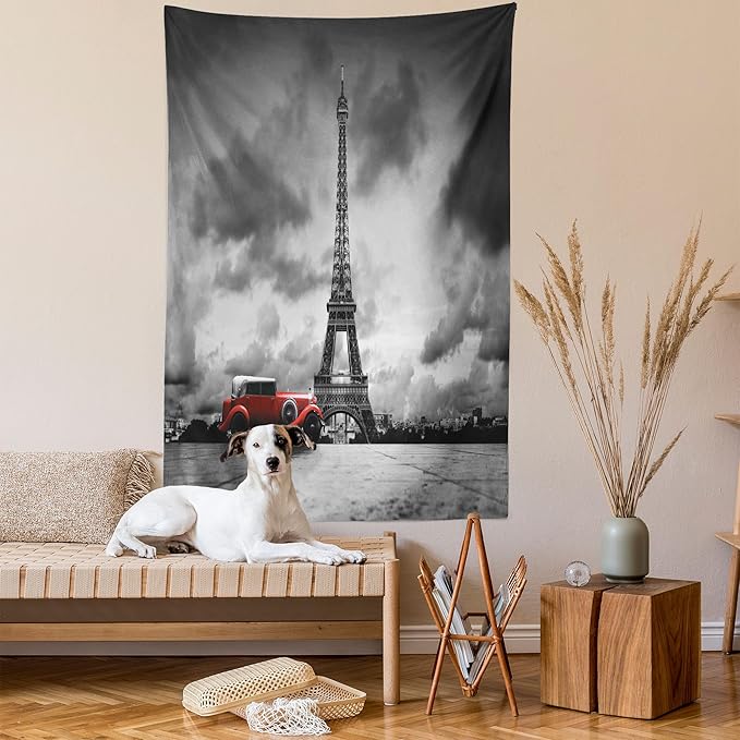 Ambesonne Eiffel Tower Tapestry, Image of Eiffel Tower Paris France Vintage Car Street Dark Clouds, Fabric Wall Hanging Decor for Bedroom Living Room Dorm, 23" X 28", Black Red