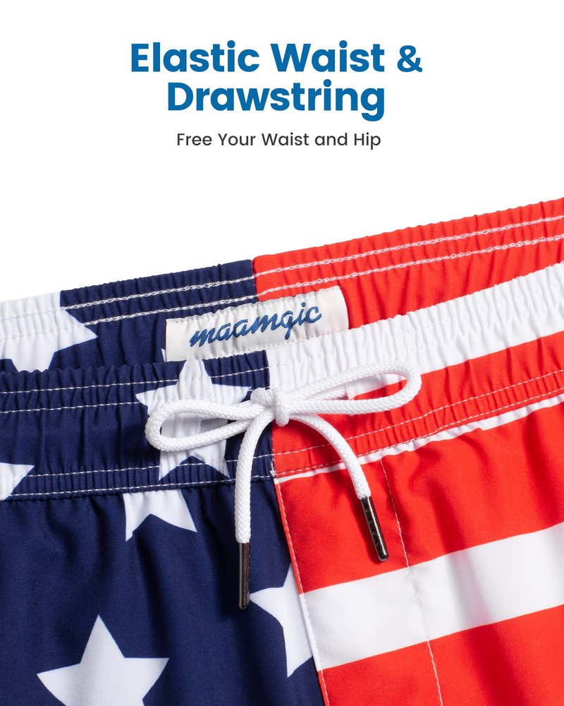 maamgic Mens Swim Trunks with Compression Liner 5 Inch, Quick Dry Bathing Suit with Zipper Pockets, Stretch No-Chafing Swim Shorts, Half-Half American Flag X-Small