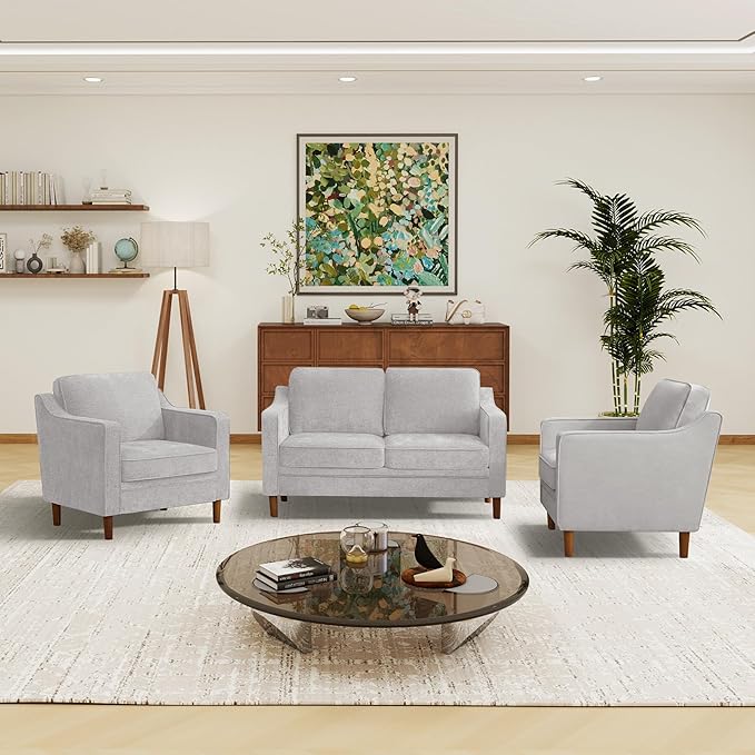 Kingfun Living Room Furniture Sets, 2 Armchair and Loveseat, Mid Century Modern Sofa Set, Chenille Couch with Solid Wood Frame for Living Room & Bedroom, Silver Gray
