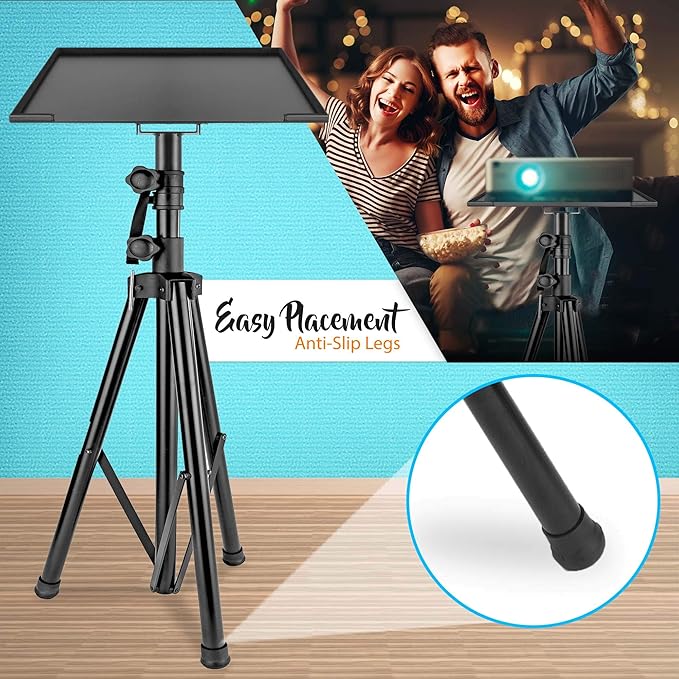 Pyle Projector Stand Tripod, Height Adjustable 28"-46" Portable Laptop and DJ Equipment Stand with Angle Tilt Tray, Heavy Duty Metal Construction, Foldable Design, 20" x 16" Platform