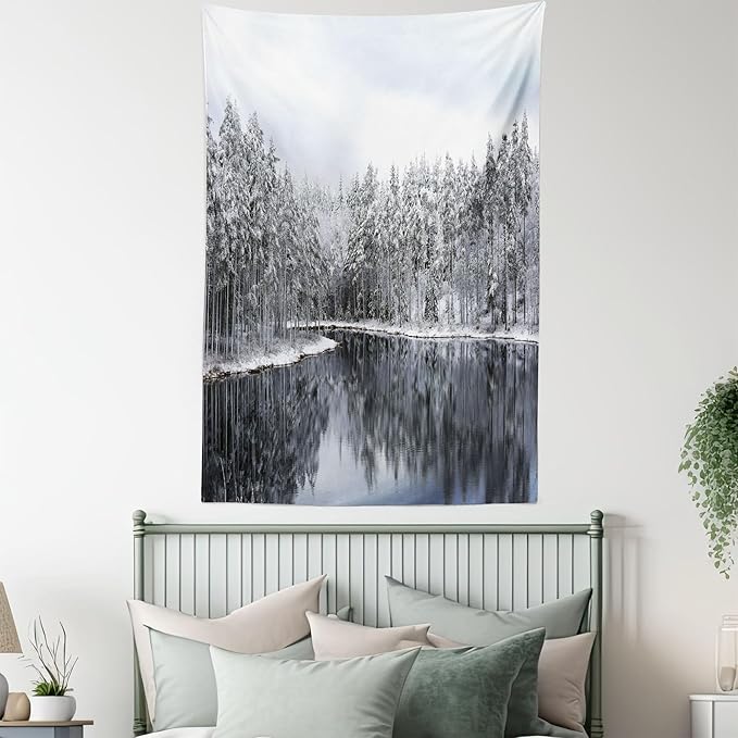 Ambesonne Woodland Tapestry, Lake Surrounded by Snow Covered Trees on a Cold Winter Day in Finland Reflections, Fabric Wall Hanging Decor for Bedroom Living Room Dorm, 23" X 28", White Brown