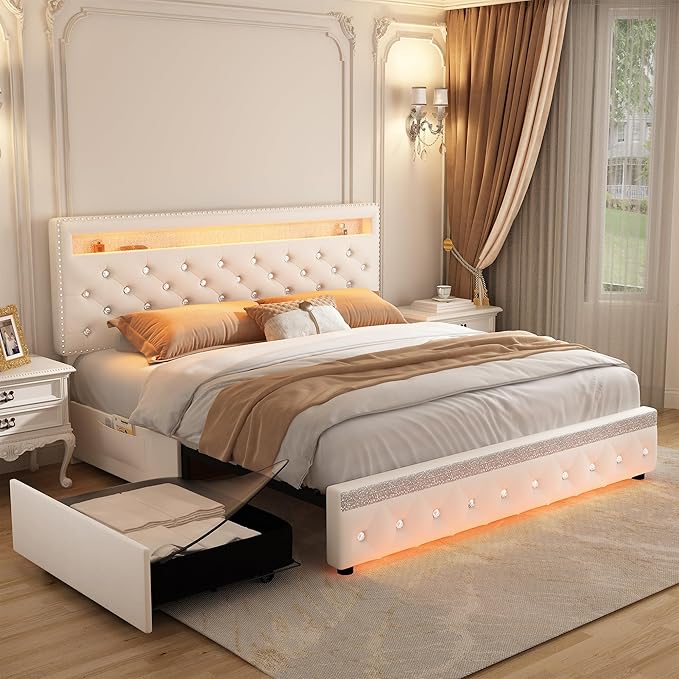 Full Led Bed Frame with 2 Drawers, Heavy Duty Sturdy Platform Bed Frames Full Size with Storage and Adjustable Crystal Button Tufted Headboard, Easy Assembly, No Box Spring Needed, Velvet Cream