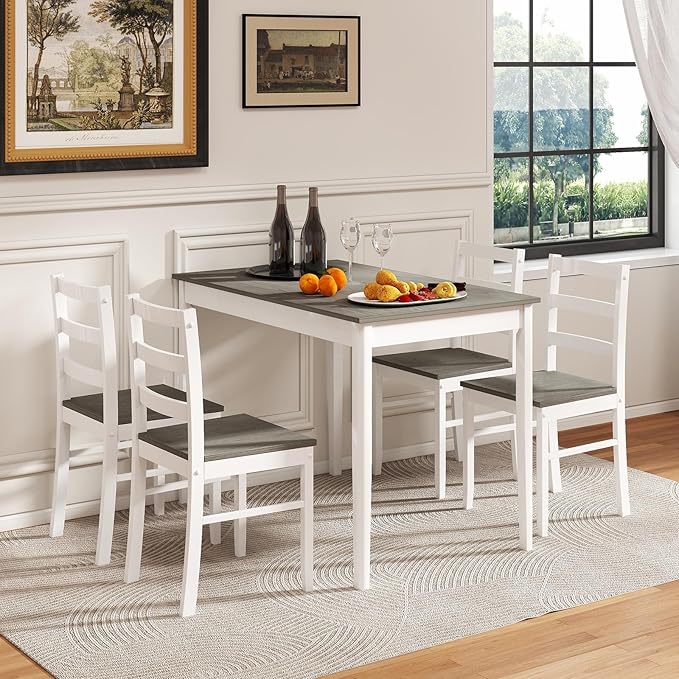 POWERSTONE Dining Table Set for 4, Kitchen Table Chairs Set of 4 with Rubber Wood Legs, Farmhouse 5 Piece Dining Table Set Solid Wood for Kitchen Dining Room Dinner (Grey)